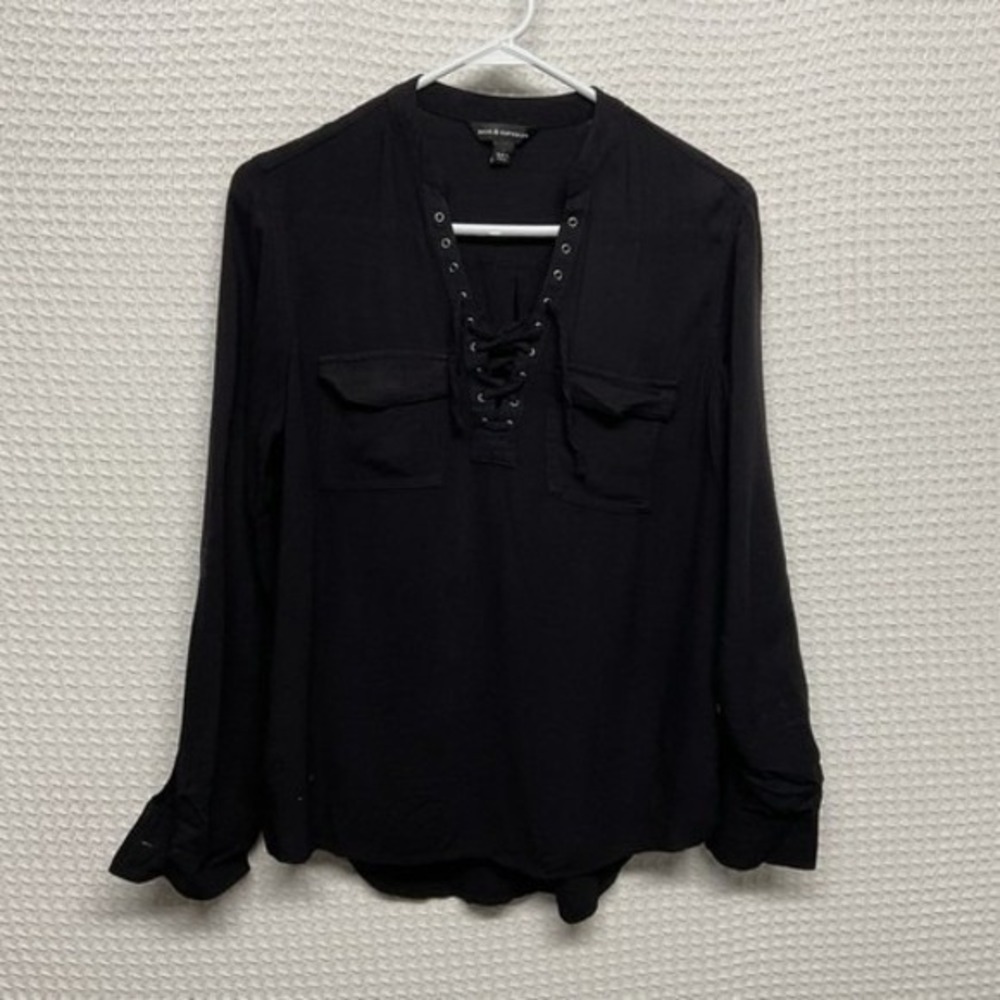 Rock Republic‎ Black Long Sleeves Hi Low Hem Lace Up V-Neck Blouse Top Women S